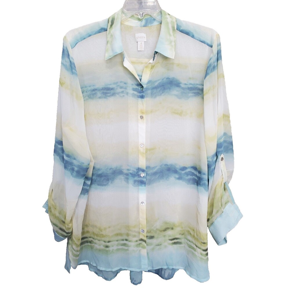 Chico's Semi-Sheer Artsy Ombre Stripe Roll-Tab Sleeve Button-Up Tunic Size 4 XXL